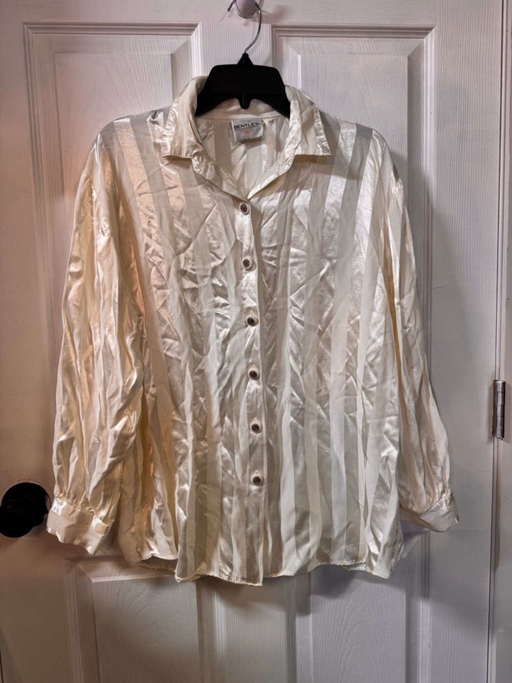 Vintage 1980s Bentley Silk-Look Striped Button-Up Blouse in Ivory